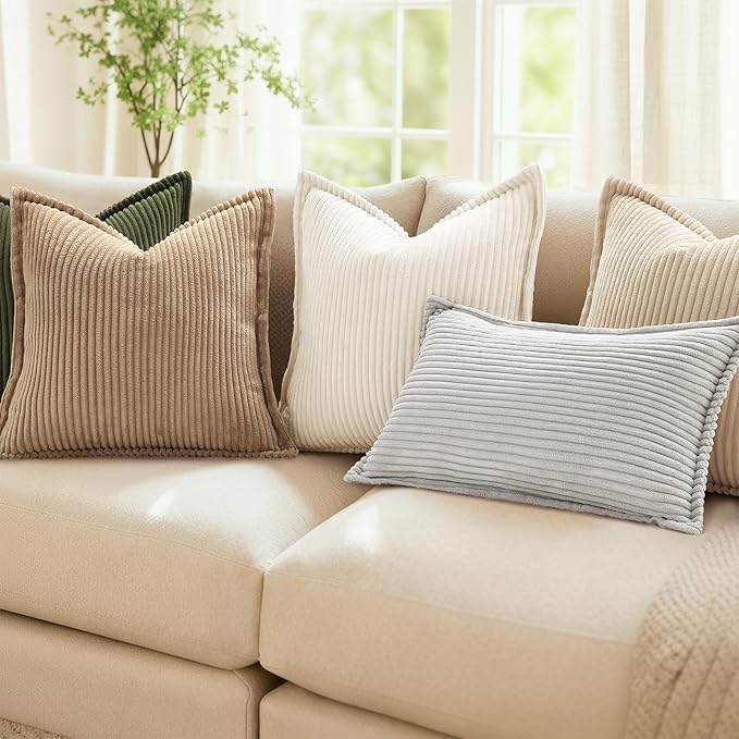 Mecatny Corduroy Throw Pillow Covers 18x18 Set of 2, Neutral Decorative Soft Boho Couch Pillow Covers with Broadside for Sofa Living Room, Beige