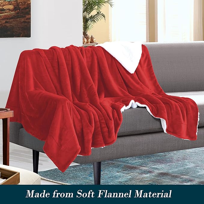 Mocassi Premium Ultra-Soft Flannel Fleece Sherpa Throw Blanket - Warm Cozy Reversible Plush Micromink Blanket for Couch, Bed and Sofa - Fluffy, Christmas Winter Bedding Gift, King, Red