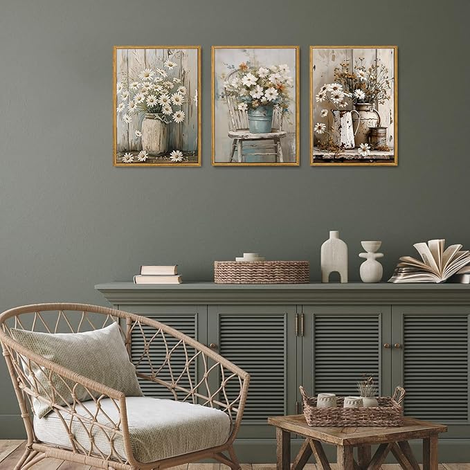Wodkwq 3 piece Rustic Farmhouse Wall Decor Framed,Vintage Floral Canvas Wall Art,Daisy Country Picture Prints For Bedroom,Living Room,Bathroom 12x16in