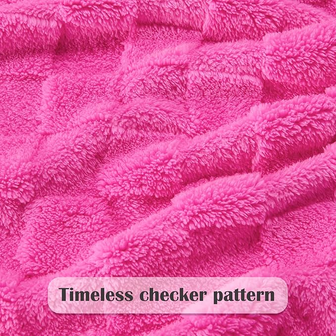 NEWCOSPLAY Super Soft Queen Blanket Hot Pink Premium Silky Flannel Fleece 3D Checkered Lightweight Bed Blanket All Season Use (Hot Pink Checkered, Queen(90"x90"))
