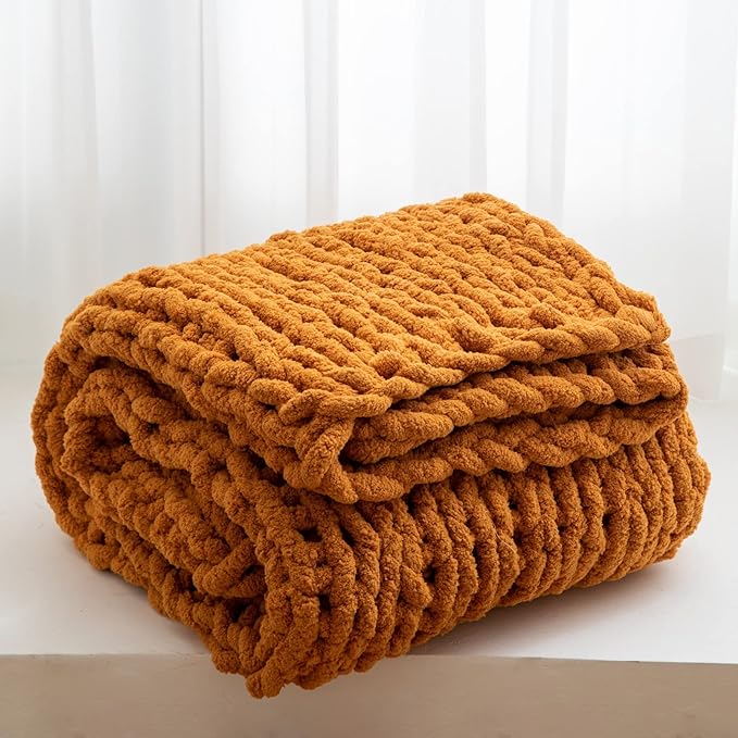 WESHIONGOO Chunky Knit Blanket Throw 51"×63" Knitted Throw Blankets for Couch Bed Fall Throw Blanket Fluffy Soft Blanket with Jumbo Chenille Yarn Thick 100% Handmade (Burnt Orange)