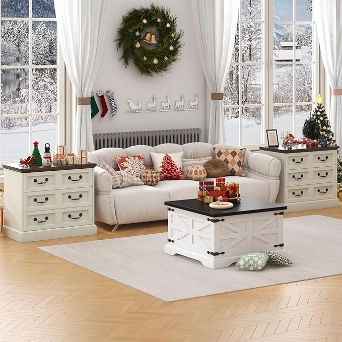 27.6" Wide Farmhouse Nightstand with Charging Station, 3 Drawer Nightstands Set of 2, Larger Side Table End Table, Modern Night Stand for Bedroom, Living Room, White Nightstand