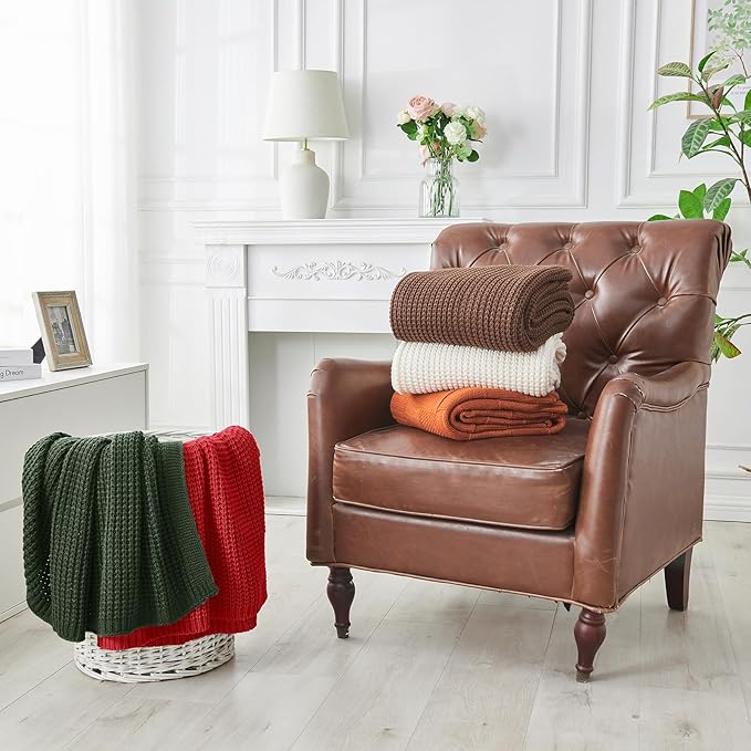 Douceur Christmas Red Throw Blanket for Bed, Soft Chunky Cable Knit Throw Blanket, Classic Fisherman's Rib Stitch Pattern Throw for Living Room,60"X80"