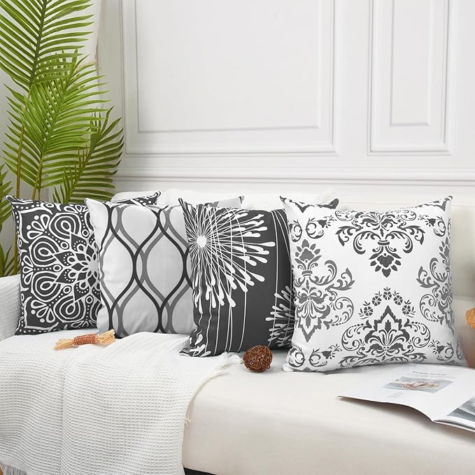 Coliuso Decorative Throw Pillow Covers 18x18 Set of 4, Dark Grey and White Modern Simple Square Pillow Case Cushion Cover for Sofa Couch Farmhouse Outdoor Living Room (Dark Gray and White, 18x18 inch)