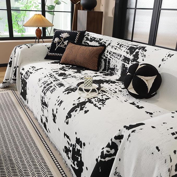 HANDONTIME Abstract Couch Cover for Dogs White and Black Couch Cover Blanket for 3 Cushion Sofa Modern Aesthetics Sofa Covers Washable Pet Friendly Chenille Pet Protector Furniture Covers, 71" X 150"