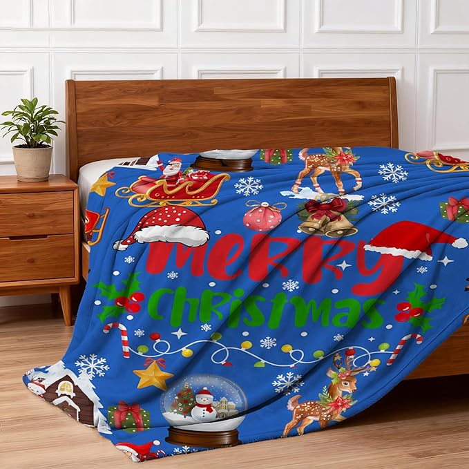 Blue Cute Christmas Blankets and Throws for Adults/Women/Boys/Kids, Holiday Fleece Throw Blanket for Couch/Sofa, Holiday Decor, Christmas Decorations/Gifts 40"x 60"