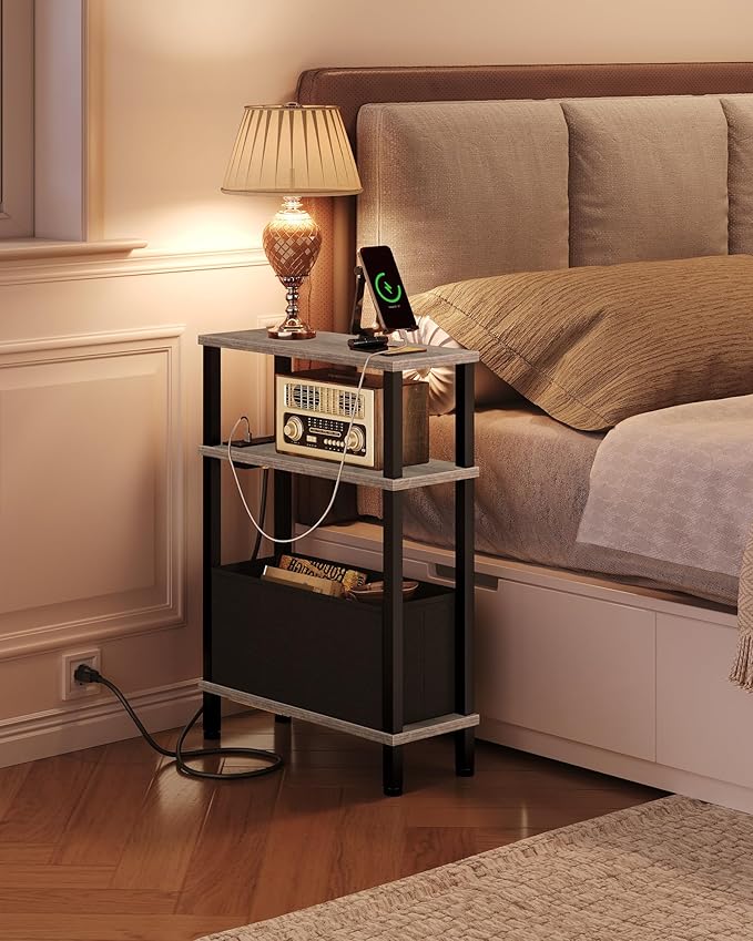 Small Narrow Side Table with Charging Station, Skinny End Table with Fabric Basket, Slim Nightstand for Small Spaces, Sofa Side Table, for Living Room, Bedroom, Greige and Black TBZ07UFH