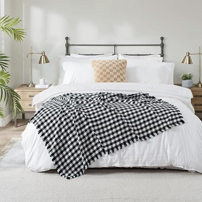 100% Cotton Throw Blanket Plaid Soft Lightweight Cozy Farmhouse Tassels Summer Thin Breathable Throws for Couch Sofa Bed (50" × 60" Black)