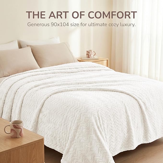 Exclusivo Mezcla Queen Blanket for Bed, Cozy Lightweight Fleece Blankets for All Season, Decorative Giftable Fuzzy Plush Wave Textured Suitable for Women, Men, Ivory, 90x90 Inches