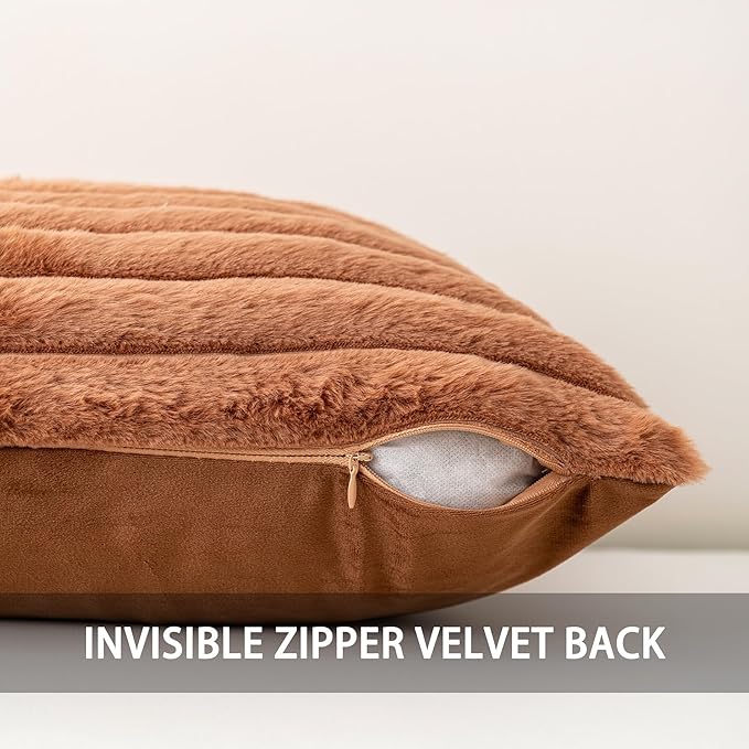 Aegero Pack of 2 Faux Fur Fall Throw Pillow Covers 24x24 Inch, Soft Plush Striped Neutral Couch Pillow Cover, with Velvet Back Modern Home Decor for Sofa Living Room Couch Bed Dark Brown