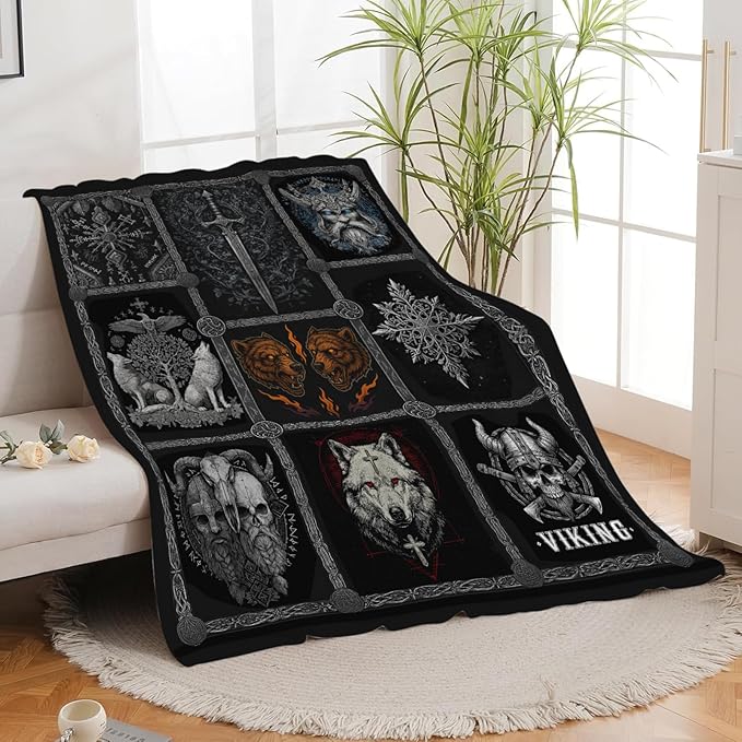 Viking Warrior Blanket for Boys Men Adults Kids Soft Cozy Fleece Vikings Norse Mythology Throw Blankets Gifts Warm Flannel Plush Stuff Lightweight Decorative for Couch Bed Sofa 60"X50"