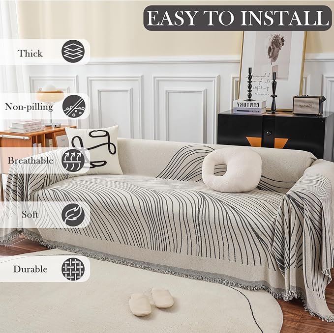 HANDONTIME Chenille Sofa Cover Simple Striped Dog Couch Protector, Beige Grey, Mountain Geometric L Shaped Couch Farmhouse Sectional Covers, Pet Furniture, 71" x 134"