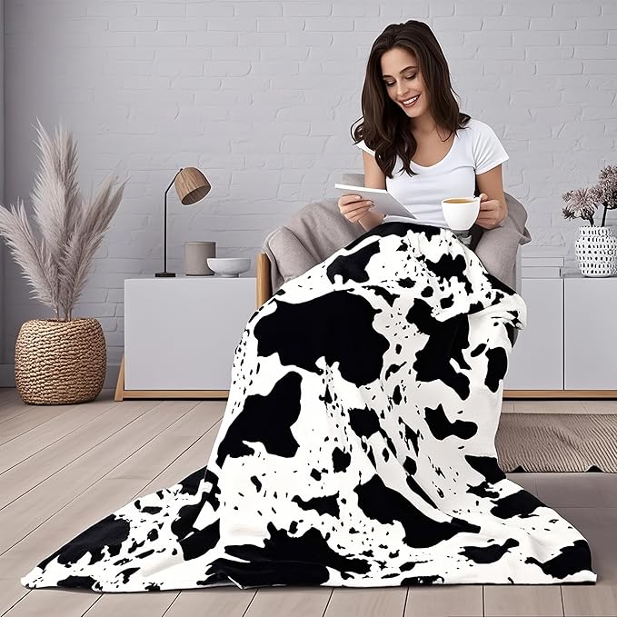 Cow Print Blanket, Ultra Soft Cozy Throw for Couch Bed and Travel, Cow Decor Throw Blankets for All Seasons 60"x80" (Black)