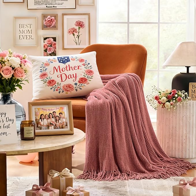 inhand Coral Pink Chunky Chenille Throw Blanket for Couch Bed, Mothers Day/Mom Birthday Gifts for Mom from Daughter Son,Soft Boho Knitted Blanket,Cozy Decor for Living Room,60"x80",Medium Thick