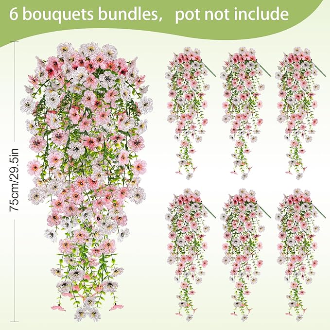 Artificial Flowers for Outdoors Spring Decor, 6 Bundles UV Resistant Realistic Fuax Silk Hanging Flowers, Fake Plants for Planter Indoor Outside Garden Porch Patio Balcony Yard (Pink White)