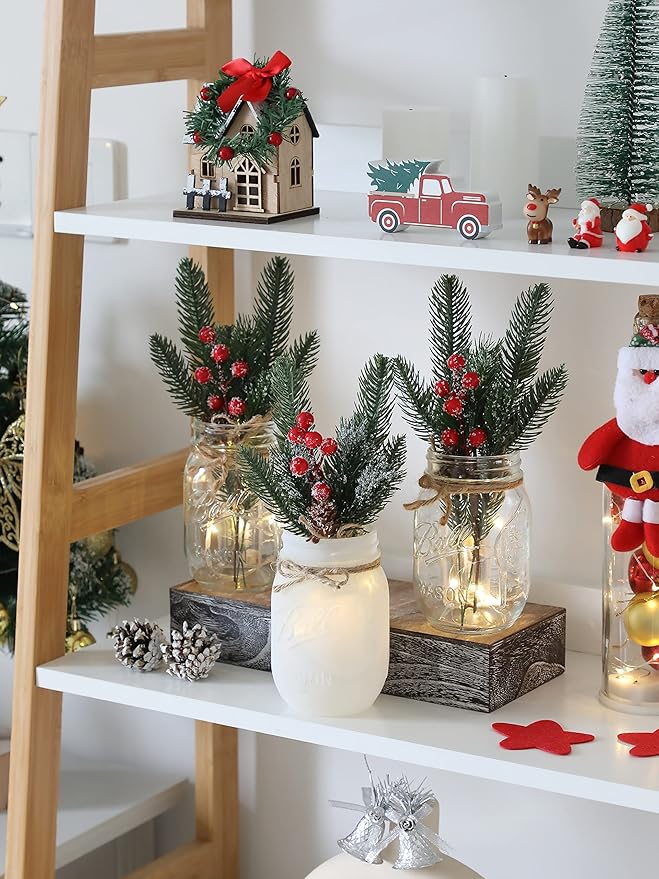 Winter Mason Jar Centerpiece for Table with LED Lights & Artificial Plants, Set of 3 Farmhouse Decorative Mason Jars for Christmas Home Decor, Winter Kitchen Dining Table Centerpiece
