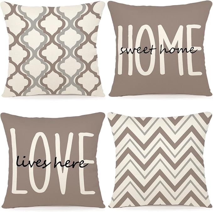 YCOLL Farmhouse Pillow Covers 16x16 Set of 4 Throw Pillow Covers Rustic Linen Decorative Pillows Square Cushion Covers for Couch Sofa Bedroom Home Decor