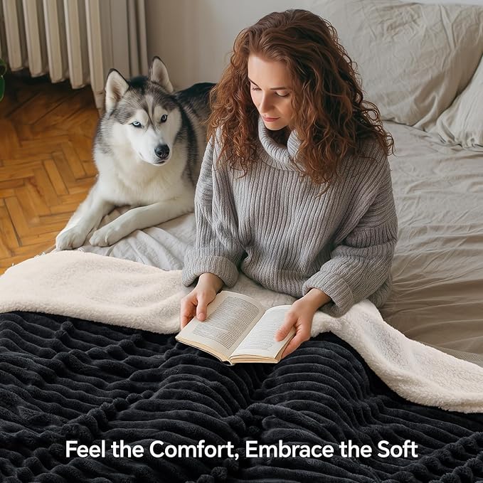 INFIIXSO Sherpa Fleece Queen Size Blanket - Super Soft & Warm Striped Fleece, Cozy Plush Fluffy Large Bed Blanket All Season Use (Black, 90x90 Inches)