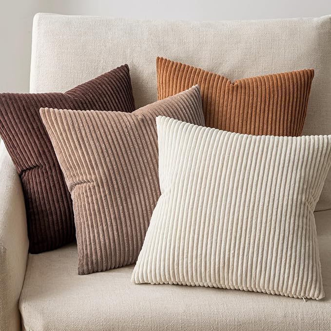 EMEMA Brown Decorative Throw Pillow Covers 20x20 Inch Set of 4 Boho Farmhouse Corduroy Striped Square Pillow Case,Western Modern Cushion Covers for Couch Bed Livingroom Home Decor