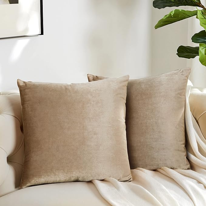 Decorative Throw Pillow Covers 18 x 18, Taupe Beige Khaki Soft Pillow Covers Velvet,Set of 4 Decor Square Cushion Covers