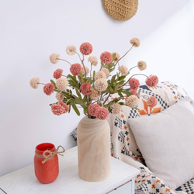 LUEUR Artificial Fall Flowers with Wooden Vase – Long Stem Mums Beige & Pink Chrysanthemum Pom Pom Floral Arrangement Centerpiece Table Decorations for Thanksgiving Dining Farmhouse Table Decor