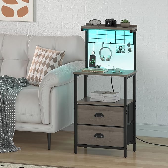 Tall Nightstands with Charging Station, LED Night Stand Bedsides with 2 Fabric Drawers,Hooks,USB Port and Open Storage Shelves,Tall End Table Bedside for Bedroom,Office, Grey