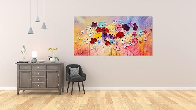 SYGALLERIER Colorful Floral Canvas Wall Art Hand Painted 3D Flower Artwork Frameds Modern Abstract Landscape Painting Textured Flower Pictures for Living Room Bedroom Bathroom Decor