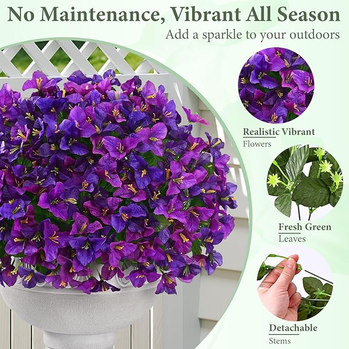 Yastouay 16 Bundles Artificial Flowers for Outdoors, Bougainvillea Fake Flowers for Outside, UV Resistant Silk Outdoor Faux Plants for Porch Patio Planter Front Door Garden Decor(Purple Fuchsia)