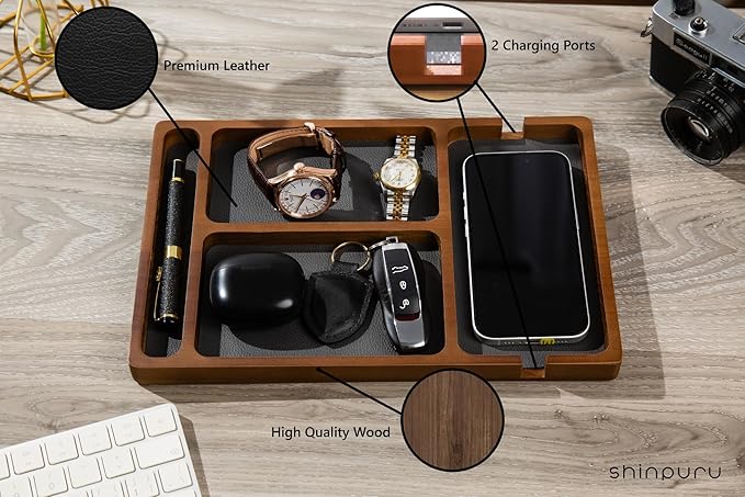 Shinpuru Wooden Valet Tray with Leather Inlay - Nightstand & Desk Organizer - EDC Essentials Catchall Tray for Keys, Phone, Wallet, Watch, Earbuds - Stylish Storage (Wood-Pen)