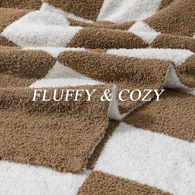 bearberry Fuzzy Checkerboard Grid Throw Blanket Soft Cozy Warm Microfiber Bed Blanket Decor for Couch Sofa Bed Travel Home (Mocha, 60''x80'')
