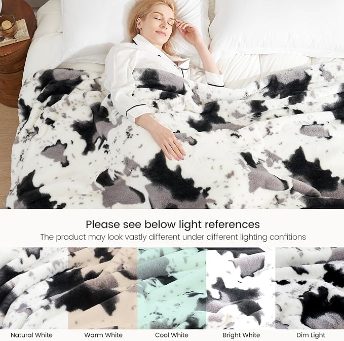 Cozy Bliss Cow Print Faux Fur Throw Blanket, Animal Printed Blankets Super Soft Warm Thick Fluffy Throws Home Decor for Couch Bed Sofa Women (Black&Grey Cow, 50x60 Inches)