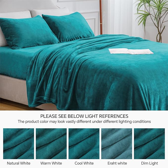 BEDELITE Flannel Sheets Queen Size Teal - Super Soft Fleece Sheets Set Fluffy Extra Plush, 4 Piece(Include Fitted Sheet, Flat Sheet, 2 Pillowcases)
