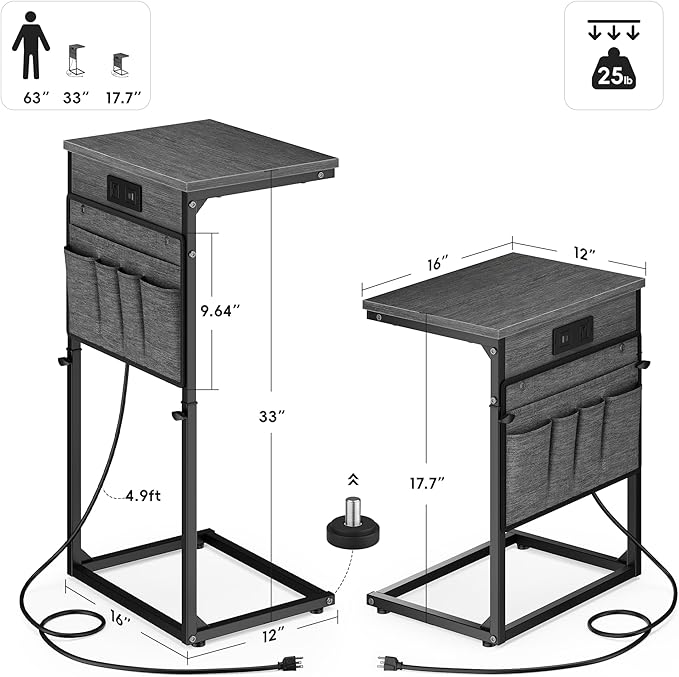 Vagusicc C Shaped End Table with Charging Station, 33" Tall Side Table for Couch, Sofa Table Adjustable Height Couch Side C Table, Slide Under Sofa Tray Table for Living Room Bedroom, Gray Walnut