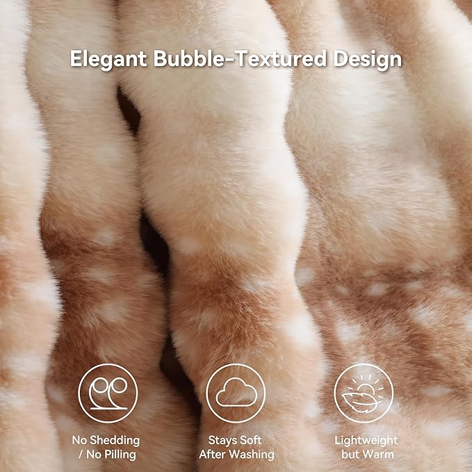 Smoofy Faux Fur Throw Blanket for Couch – Deer Brown Fluffy Cozy Rabbit Fleece, Fawn Print Plush Soft Bubble Blanket for Sofa & Bed, Gifts for Mom, Warm Fuzzy Home Room Decor Throw 60" x 80"