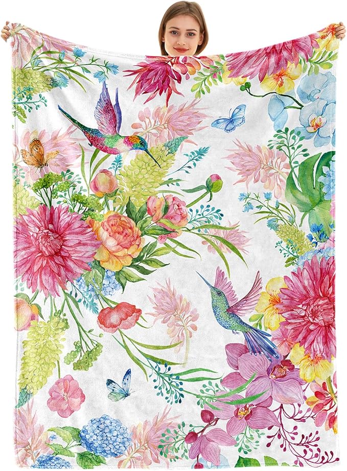 Hummingbird Throw Blanket Floral Flower Throw Blankets Spring Colorful Flannel Fleece Throw Blankets Gifts for Women Children Soft Cozy Plush Throw Blanket 60" x 80"