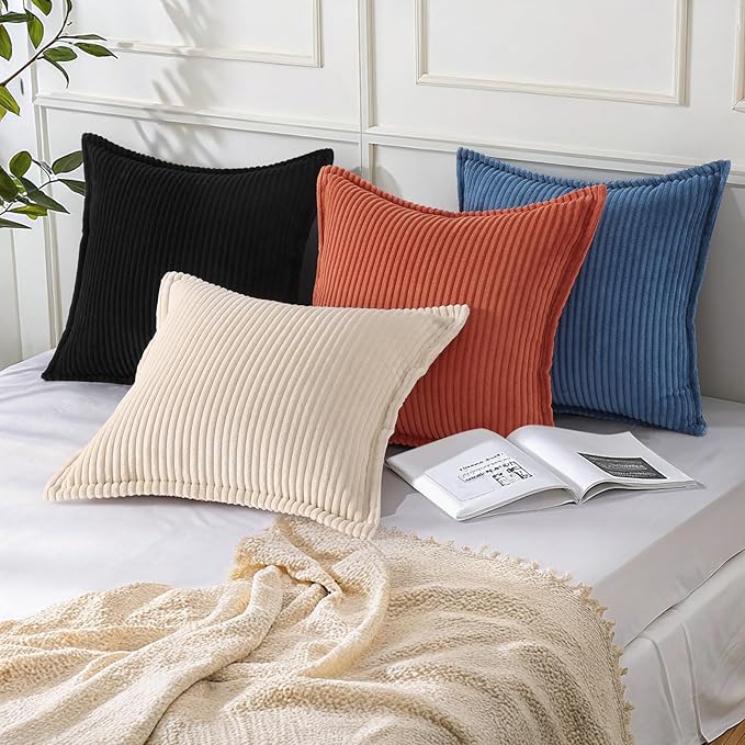 Mecatny Corduroy Throw Pillow Covers 24x24 Set of 2, Neutral Decorative Soft Boho Couch Pillow Covers with Broadside for Sofa Living Room, Black