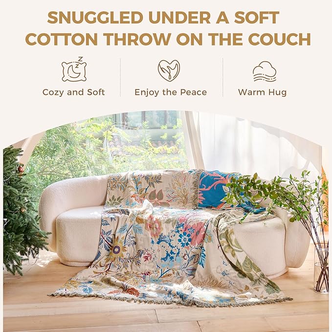 Boho Throw Blanket for Couch Sofa Chair Cotton Spring Blankets for Bedroom Living Room All Season Soft Lightweight Reversible Floral Embroidery Decorative Throws 50"x60" Home Decor