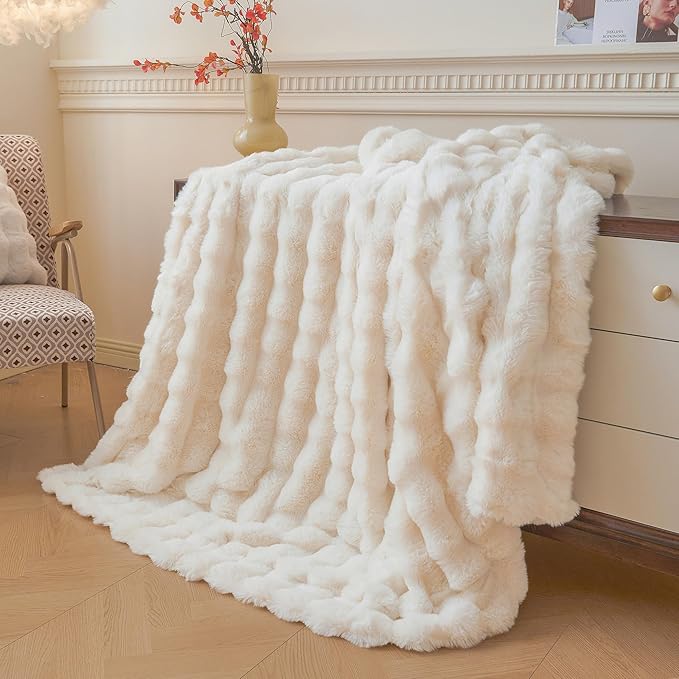 LIFEREVO Luxury Fluffy Faux Rabbit Fur Blanket, Plush Fuzzy Bubble Throw for Couch Sofa, Ivory Comfy Furry Bed Blanket Home Decoration, Aesthetic Shaggy Throw for Bedroom Living Room, 60x90, Beige