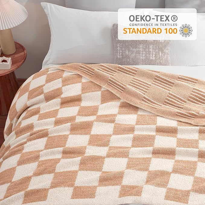 Snuggle Sac Checkered Throw Blanket Faux Fur Microfiber Blankets for Couch,Reversible Soft Cozy Warm Blanket for Sofa Bedroom,Cute Lightweight Striped Throws for Women,Heather Beige,50x60 inches