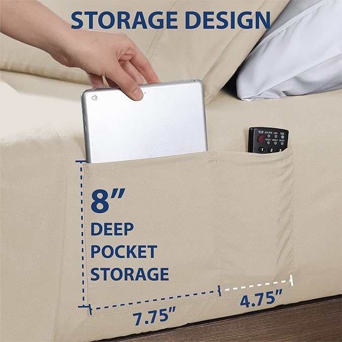 Swift Home Smart Sheets, Ultra Soft Brushed Microfiber 4-Piece Sheet Set, Fitted Bed Sheet with Side Storage Pockets – Cream, King