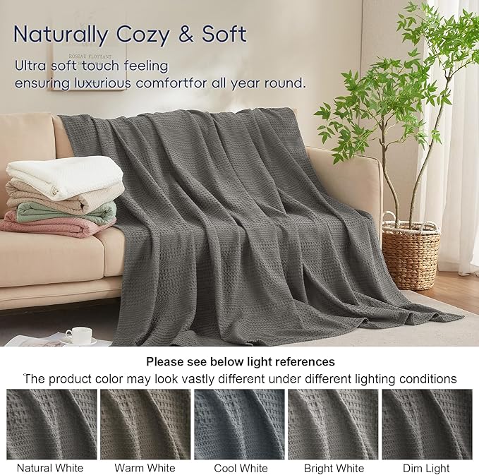 PHF Lightweight Waffle Weave Blanket King Size, Breathable & Ultra Soft, 104"x 90" Soft & Cozy Thin Blanket for All Season & Hot Sleepers, Bed, Home Decor - Grey
