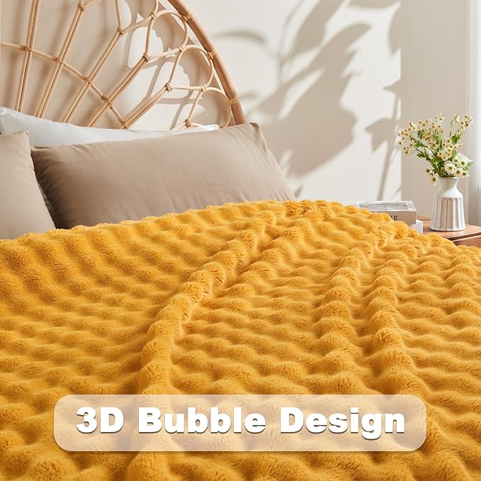 NEWCOSPLAY Throw Blanket for Couch Mustard Yellow Super Soft Flannel Fleece 3D Bubble Lightweight Bed Blanket All Season Use (Mustard Yellow, Throw(50"x60"))