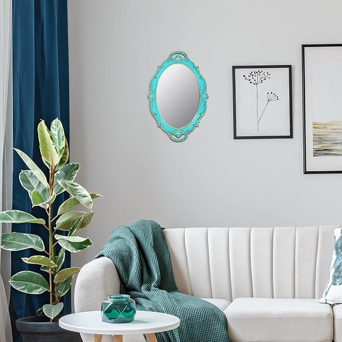 Vintage Small Mirror 14.5 x 10 Inch Oval Blue Wall Mirror
