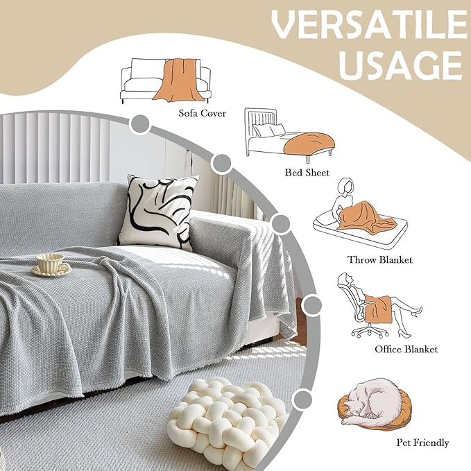 HANDONTIME Grey Modern Sofa Covers Corduroy Jacquard Couch Cover Blanket Gray Couch Cover for Kids Living Room Chenille Couch Covers for Sectional Sofa L Shape Soft Couch Covers for Sofa, 71" X134"