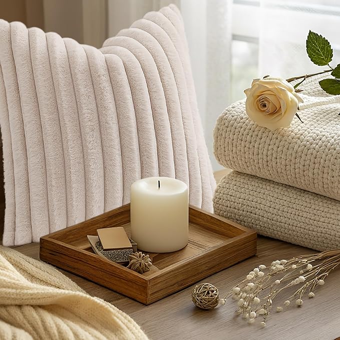 decorUhome Summer Cozy Faux Fur Throw Pillow Covers 18x18 Set of 2 Decorative Soft Plush Striped Modern Farmhouse Boho Couch Pillow Cases with Velvet Back for Sofa Bed Living Room, Beige