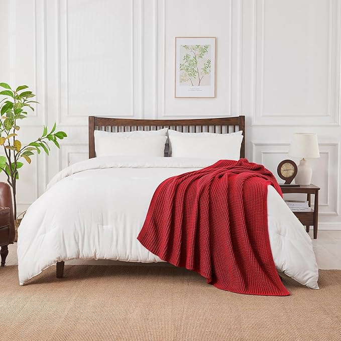 Douceur Christmas Red Throw Blanket for Bed, Soft Chunky Cable Knit Throw Blanket, Classic Fisherman's Rib Stitch Pattern Throw for Living Room,50"X60"