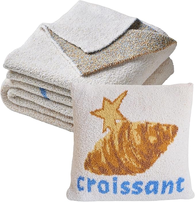 YIRUIO Croissant Pattern Plush Blanket & Pillowcase Set,Ultra Soft Cozy Warm Thick Fuzzy Fluffy 50x60 Throw Beige with 18x18 Pillow Cover for Bed Sofa Couch Home Decor Gift