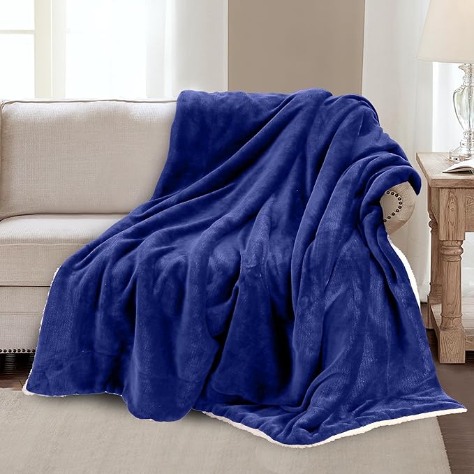 Mocassi Premium Ultra-Soft Velvet Touch Flannel Fleece Sherpa Throw - Warm Cozy Reversible Plush Micromink Throw Blanket for Couch, Bed and Sofa - Fluffy, Christmas Winter Bedding Gift, Royal Blue