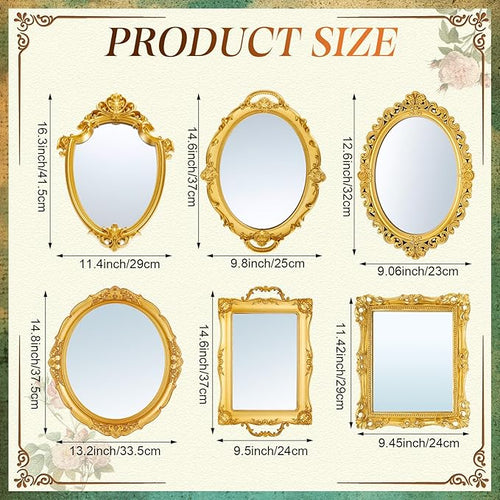 6 Pcs Vintage Gold Mirrors Set Including Small Oval Wall Mirror Antique Shield Shape Square Decorative Mirror Dresser Mirrored Tray for Bedroom Wedding Victorian Decor (Classic,Gold)