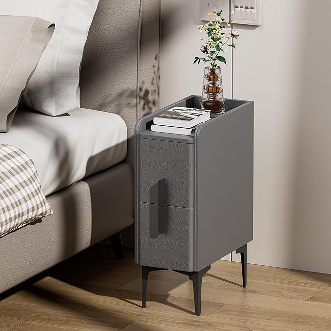 VICITON Narrow Nightstand with 2 Drawers, Narrow Side Table Leather Surface, Slim Bedside Table for Bedrooms, Dormitories, Living Rooms (Light Gray, 15.7" D x 7.8" W x 22.4" H)